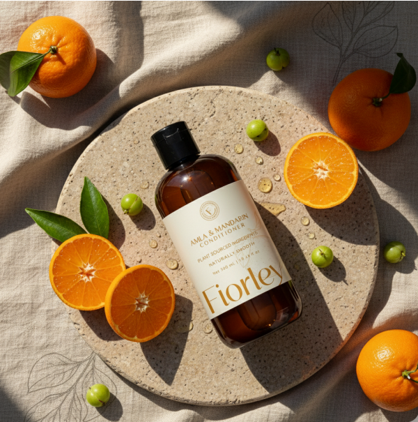 Fiorley's Natural Conditioner Amla & Mandarin on a round tile surrounded by Mandarins and Amla fruit 
